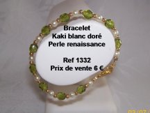 bracelet kaki, perle renaissance blanche et perle dorée